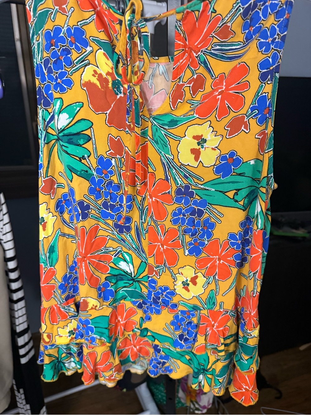 Studio Floral Tie-Neck Sleeveless Top in Mustard, Red, Blue and Green
